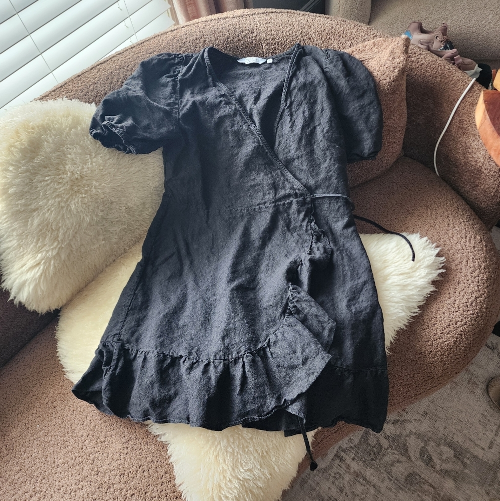 And Other Stories Black Linen Ruffled Mini Wrap Dress